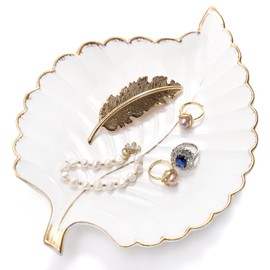 Cididu Ceramic Jewelry Tray, Leaf Shape Decorative Ring Dish Key Tray, White Trinket Dish, Ceramic Candy Dish Snack Plate, Jewelry Holder for Earrings Necklaces Bracelet Rings Watch, 10.4 Inch