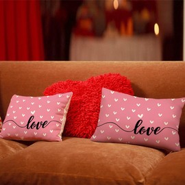 GEEORY Valentines Day Pillow Covers 12x20 Inch Set of 2, Pink Hearts Love Farmhouse Decorative Throw Pillowcases for Home Sofa Couch Cushion Decoration GW05-12