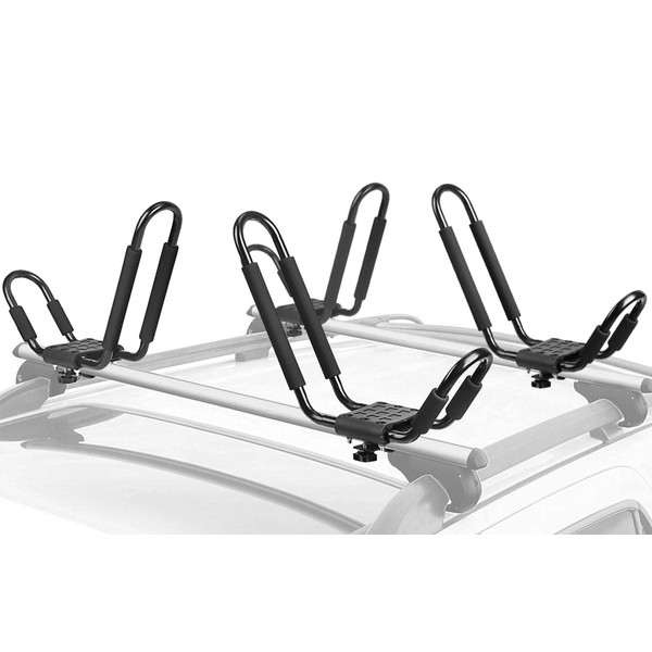 Leader Accessories Kayak Rack 2 Pair J Bar for Canoe Surf Board SUP On Roof Top Mount Crossbar with 4 pcs Tie Down Straps