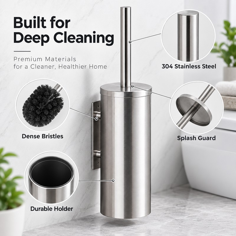 304 Stainless Steel Wall-Mounted Toilet Brush Set – No-Drill or