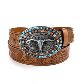 Btilasif Western Cowboy Leather Belts for Men- Longhorn Bull Floral Pattern Engraved Turquoise Buckle Belts for Jeans 33" to 38" Waist, Brown
