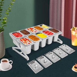 Expandable Stainless Steel Spice Rack Set, Inclined Organizer Shelf, 14" - 25.6" Adjustable Length, 10 1/9 Pans Countertop for Seasoning Ingredients Fruits Toppings