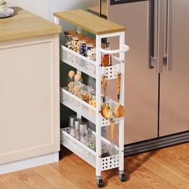 Aofure Slim Storage Cart, 4 Tier Narrow Kitchen Rolling Cart on Wheels for Small Space, Mobile Utility Cart Shelving Unit with Wooden Top and Metal Handle for Kitchen, Bathroom, Laundry Room