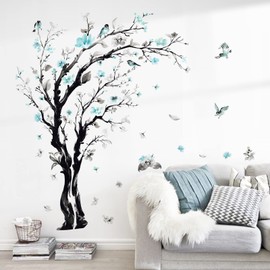 decalmile Blue Flower Tree Wall Decals Watercolor Blossom Floral Wall Stickers Bedroom Living Room Sofa TV Background Wall Decor
