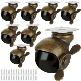 SHUESS 8 Pack 2 Inches Ball Caster Wheels with Brake 360 Degree Antique Brass Casters Heavy Duty Swivel Spherical Caster Top Plate Castors for Furniture Cabinets Sofa (32 Screws Included)