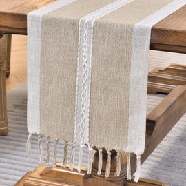 Wracra Embroidery Cotton Linen Table Runner Indoor Outdoor Farmhouse Style Coffee Table Runner 150cm with Hand-tassels for Party Dining Kitchen Decorations(Coffee, 150cm)