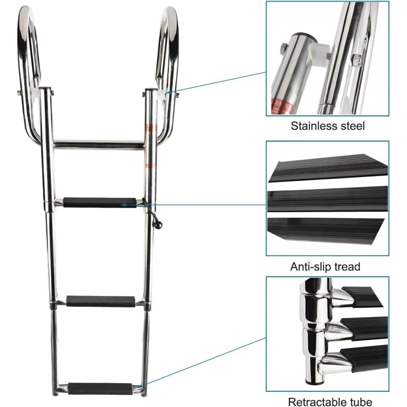 HYDDNice 3Step Pontoon Boat Ladder Stainless Steel Telescoping Inboard Ladder