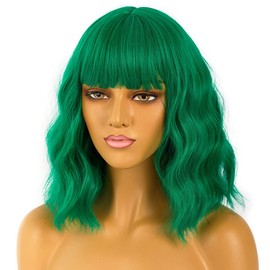 LANCAINI Short Bob Wigs with Bangs for Women Loose Wavy Wig Curly Wavy Shoulder Length Bob Synthetic Cosplay Wig for Girl Colorful Costume Wigs (Green)