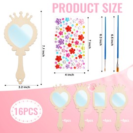 XJWWHZ 16 Pcs Wooden Mirror Craft for Kids, DIY Princess Mirrors for Girls, Paint Wooden Hand Mirror for Art Activities