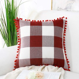 PiccoCasa 1 Pcs Buffalo Check Plaid Throw Pillow Cover with Pom Poms, 45 x 45cm, Retro Farmhouse Decorative Cushion Cover for Sofa Couch Bed Home Decor, Burgundy Beige Red
