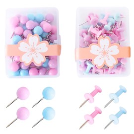 Mecmbj Cork Board Pins,100pcs Drawing Pins,Map Push Pins,Decorative Coloured Map Pins with Plastic Heads and Steel Points for Map Drawing Wall Map Photos Cork Notice Board Stationery(Blue, Pink)