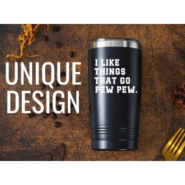 Onebttl Gun Lover Gifts for Men, 20oz Stainless Steel Tumbler with Spill-Proof Lid and Straw, Gifts for Gun Enthusiast & Lovers, Gun Related Sayings Stuff, Gifted Box Included, Black- Pew Pew