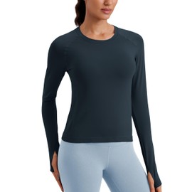 CRZ YOGA Womens Seamless Workout Long Sleeve Shirts Quick Dry Gym Athletic Tops Breathable Running Yoga T-Shirts True Navy Small