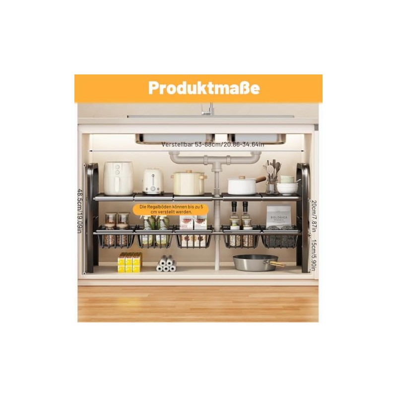 HAMON Sink Organiser, 2 Levels Expandable Under Sink Organiser, 53-88