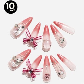 GLAMERMAID 10 Pcs 3D Luxury Handmade Press on Nails Long Almond, Ombre Pink Acrylic Fake Nail with Rhinestones Charms, Bowknot Nude False Nails Artificial Stick Glue on Nails, Size M