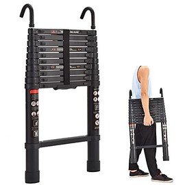Telescoping Ladder 10.5FT, Aluminium Extendable Climb Telescope Attic Ladder with Roof Hook, Retractable Extension Ladders for Home Loft, Nonslip Rubber Feet, 330 Pound Capacity, Black