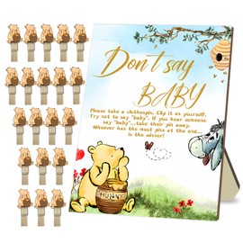 Winnie the Pooh Baby Shower Game Set, Include 1 Winnie Don't Say Baby Game Sign and 20 Mini Winnie Clothespins, Baby Shower Game Decor, Baby Shower Party Decorations Supplies