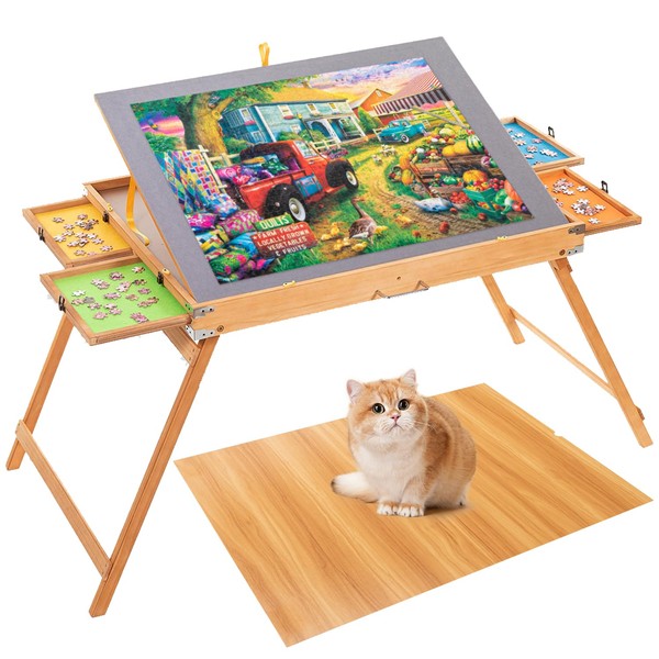 Puzzle Table with Fold Legs and 4 Colorful Drawers 1500 Piece Portable Tilting Jigsaw Puzzle Board for Adult and Kids 34"x26" Working Area Wooden Cover Adjustable Sorting Accessories