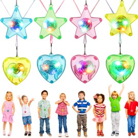 TOYMYTOY Children's Glow Pendant Necklace, Colorful LED, Sparkling Plastic, Children's Favors, Festivals, Fireworks Displays, Children's Party, Festival Toy, 8 Pieces (4 Pentagram Stars and 4 Hearts), Plastic, No Gemstones