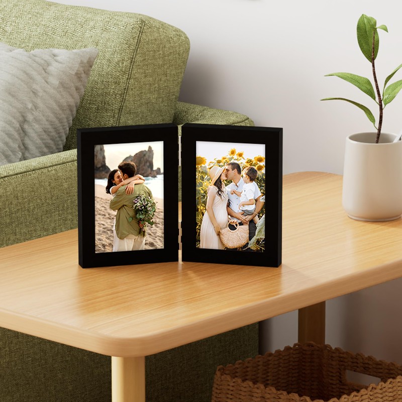 decorUhome Double 4x6 Picture Frame Vertical, Engineered Wood Bifold Photo
