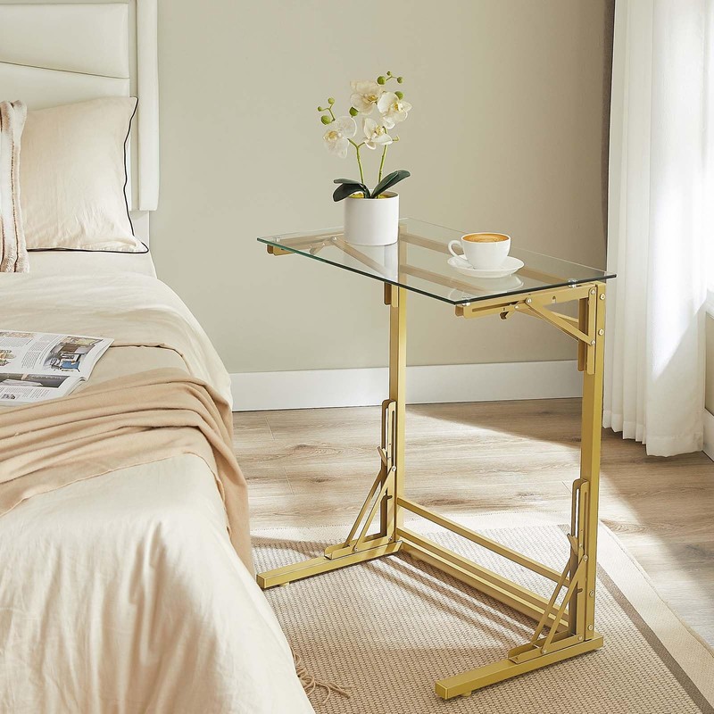 Tatub 24" Folding C Shaped End Table, Small Tempered Glass