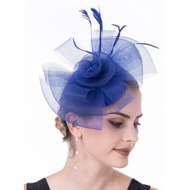 IYOU Bridal Wedding Fascinator Hats Royal Blue Bow Flower Headpiece with Clip Feather Cocktail Tea Party Hair Accessories for Women