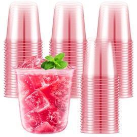 50 Pcs Pink Clear Plastic Cups 12 oz, Bulk Disposable Stemless Wine Glasses, Cute Pink Plastic Party Cups for Meeting Wedding Birthday Baby Shower Christmas Cocktail Theme Party Supplies Decorations