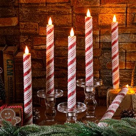 Baquler 6 Pcs Christmas Flameless Taper Candles 10.6 Inch Candy Cane Stripe Candles Battery Operated LED Christmas Candlesticks with Remote Timer for Xmas Party Home Decor (Red White, Sea Salt Style)