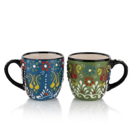 Ceramic Espresso Cups Set of 2-5.5 oz Cute Tea cups Demitasse Espresso cups with Handle, Modern Stackable Ceramic coffee cups Set for Lungo (Green/Blue)