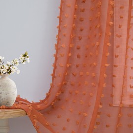 Burnt Orange Sheer Curtains 84 Inches Long Terracotta Curtains for Living Dining Room Bedroom 2 Panels Back Tab Boho Farmhouse Style Pom Pom Tufted Window Drapes Semi Sheer Fall Decor Curtains 52x84