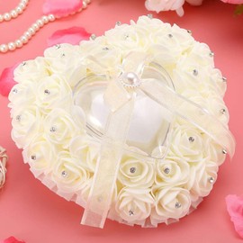 Nikou Wedding Ring Pillow, Heart Shape Wedding Ring Box Rose Rhinestone Decor Luxury Romantic Soft Ring Pillow Cushion Portable Wedding Favors (Beige)