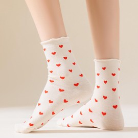 LAVIENTOES Women's Ruffle Turn-Cuff Frilly Cute Cozy Lovely Heart Patterned Aesthetic Turn-Cuff Novelty Cotton Soft Giftable Ankle Crew Casual Socks - White, Beige, Purple 3 Pairs