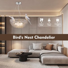 RustyVioum 5 Lights Bird Nest Pendant Light LED Chandelier Bird’s Nest Chandelier w/Adjustable Cord Bird Cage Light Bird Chandelier for Bedroom/Dining Room/Living Room Dia 40cm