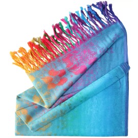 Wrap Flower Print Ethnic Colorful Soft and Silky Pashmina Scarf Shawl Rainbow Wrap - Turquoise