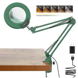 10X Magnifying Glass with Light and Clamp, Real Glass Stand Lighted Magnifier, 5 Color Modes Stepless Dimmable LED Desk Lamp Hands Free for Crafts Hobby Reading Painting Sewing Close Work - Green