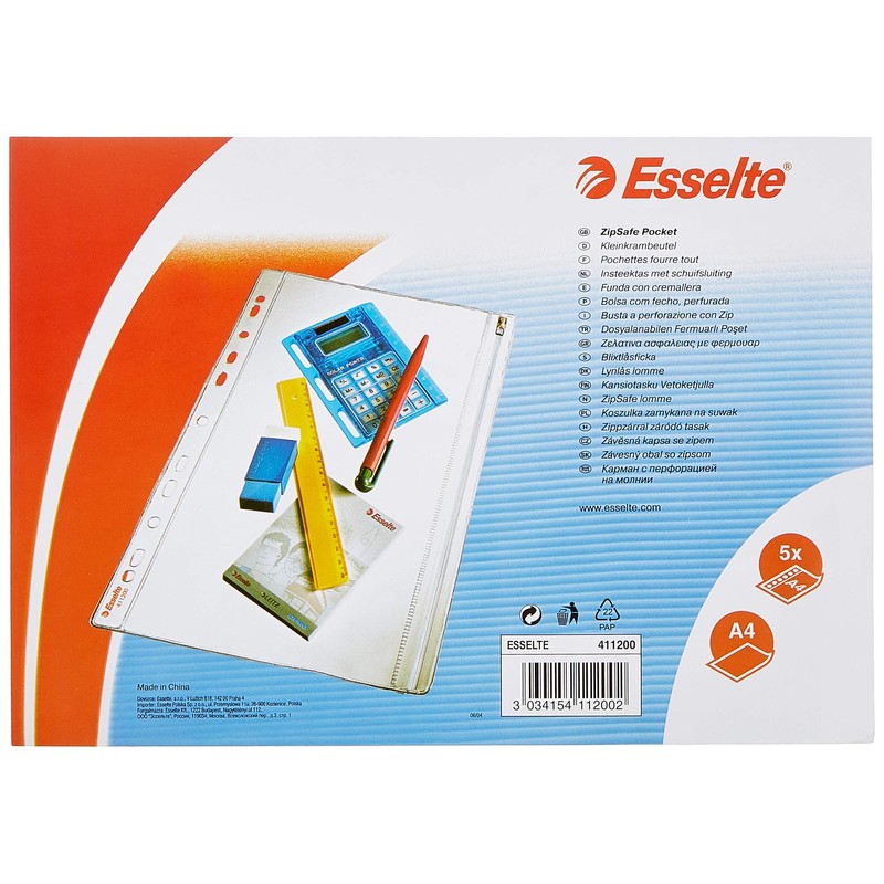 Esselte Reißverschlusstasche (DIN A4, PVC, Öffnung seitlich), 5 Stück transparent