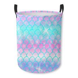 Mermaid Scale Stars Laundry Basket Waterproof Dirty Clothes Hamper Collapsible Toys Storage Bins with Handle for College Dorm Bathroom