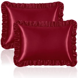 Homiest Ruffle Satin Pillowcase for Hair and Skin, Standard Size Satin Pillow Covers Silky Pillow Cases Set of 2, Satin Ruffled Pillowcase with Envelope Closure, Anti Wrinkle Pillow Shams (Burgundy)