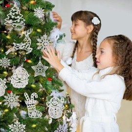 42 Pcs Christmas Tree Decoration Hanging Ornaments,White Glitter Christmas Tree Stockings Snowman Reindeer Father Christmas Snowflake Ornaments,Hanging Snowflake Decorations,Xmas Tree Decorations