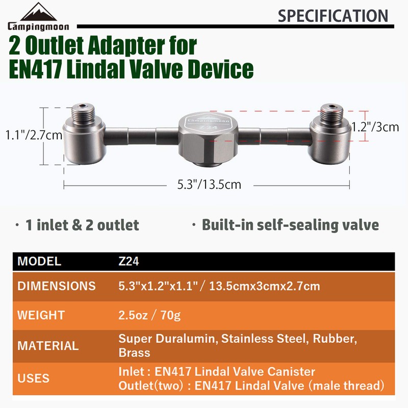 CAMPINGMOON 2 Outlet Adapter for EN417 Lindal Valve Canister Device