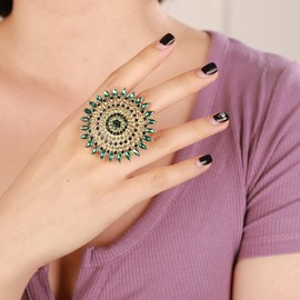 YERTTER Boho Gold Green Thick Big Round Gemstone Ring Crystal Ethnic Ring Women Statement Vintage Ring Adjustable Chic Rhinestone Band Ring for Wedding Women Brides （Gold Green）