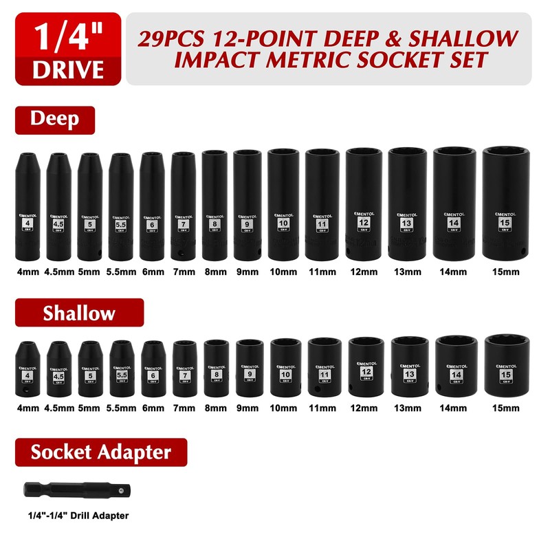 EMENTOL 1/4" Drive Impact Socket Set, 29 Pieces Deep &