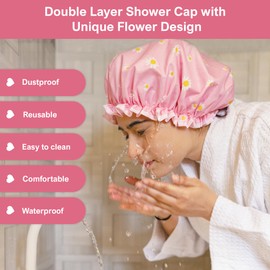 SARG Premium Double Layer Shower Cap for Women with Unique Flower Design- Reusable Shower Cap for Hair - Waterproof Plastic Cap - Shower Caps for Long, Short and Curly Hairs (Bubblegum Burst)
