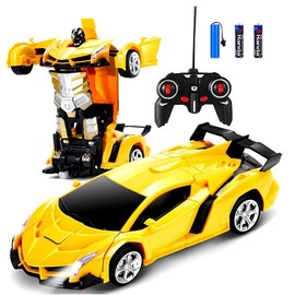 Remote Control Car, Transform Remote Control Car Robot Transformer Toys, One Button Deformation to Robot with Flashing Light, Transforming Car Kids Toys with 360 Degree Rotating Drifting, Toys for Boys Girls Gift - Color: Yellow
