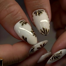 24Pcs Flower Press on Nails Medium Almond Fake Nails with 3D Gold Petal Red Heart Designs Gold Floral False Nails Glue on Nails Full Cover Stick on Nails for Women Manicure Decoration