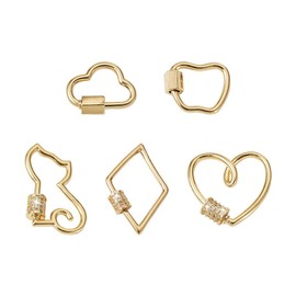 KISSITTY 5pcs Cat Cubic Zirconia Screw Carabiner Lock Charms Clasps for Jewelry Making Golden Heart Rhombus Necklace Clasps for Women Bag Purse Key Chains