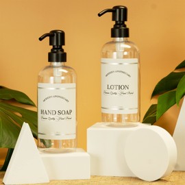 Clear Refillable Hand Soap and Lotion Dispenser Set for Bathroom Sink - PET Plastic Pump Bottles with Labels for Soap and Lotion - Waterproof Labels - 16 oz, 2 Pack (Black Satin)
