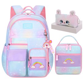 Jcobvig 3Pcs Kids Backpack For Girls,Cute Rainbow Student School Backpack With Lunch Bag Pen Bag Set (Blue Medium 16.5in