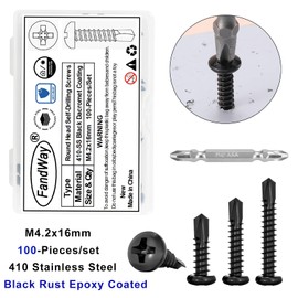 FandWay 100 Pcs Self Tapping Screws for Metal,M4.2x16mm Self Drilling Screws for Steel,Pan Head Sheet Metal Tek Screw,410 Stainless Steel Black Coating Phillips Drive With 1 Bits & Strong Box.