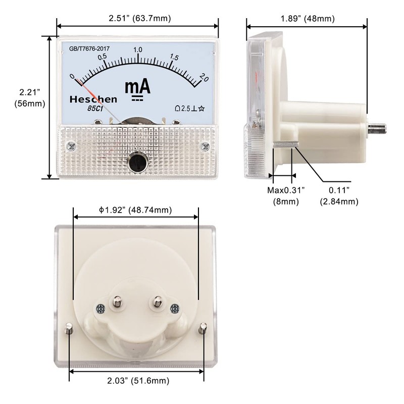 Heschen 85C1-2mA Rectangular Ammeter Tester DC 0-2.0mA Class 2.5 White
